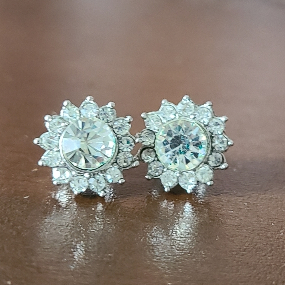 Silver Tone Rhinestone Starburst Earrings